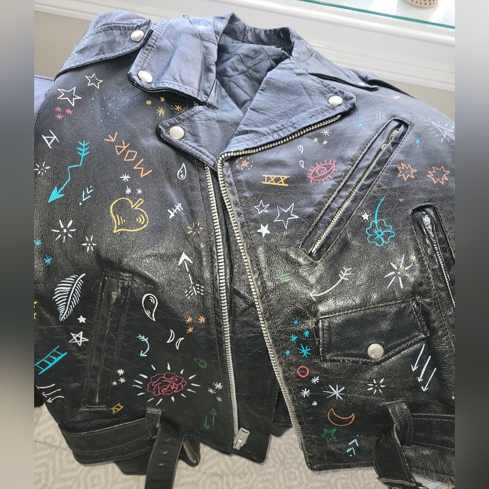 Urban Outfitters Black Leather Jacket with Colorful Artistic Accents - Picture 5 of 11